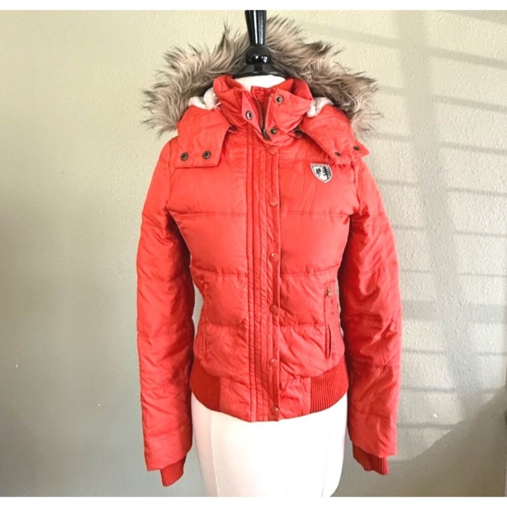 size S American Eagle duck down AE‎ orange Puffer Jacket Faux Fur Hood zip/snap